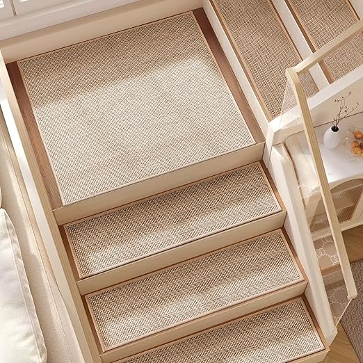 15pcs Stairs Treads and 2 Landing Carpet, Breathable Linen Stair Carpet Non Slip for Wooden Steps Peel and Stick Stairs Runner Indoor Self-Adhesive Treads Stair Covers Mat 8"X30" and 30"X30"