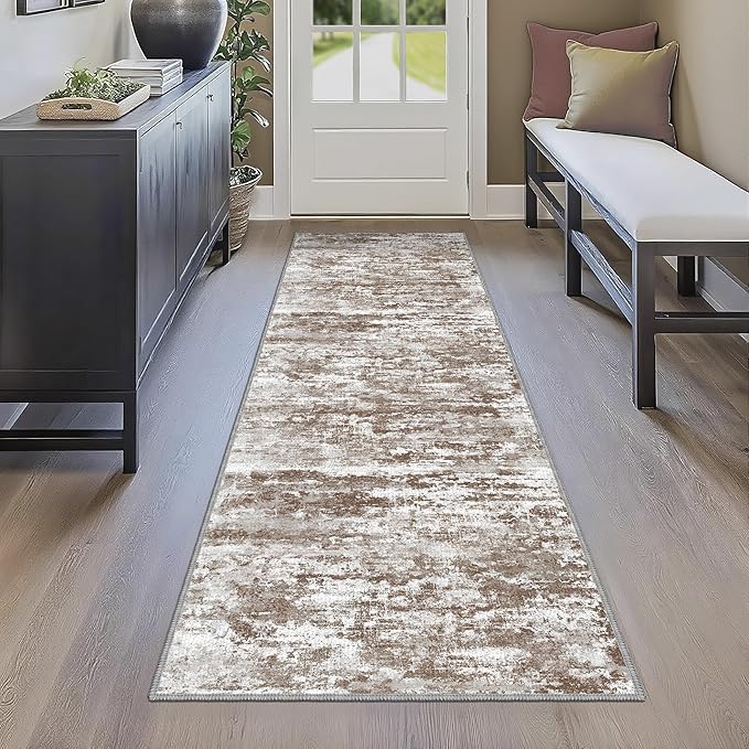 Hallway Runner Rug Ultra Non-Slip 2.6x8 Washable Kitchen Rug Abstract Tear and Stain Resistance No Pile Lightweight Runners for Entryway, Walkway, Bedside, Entrance, Brown