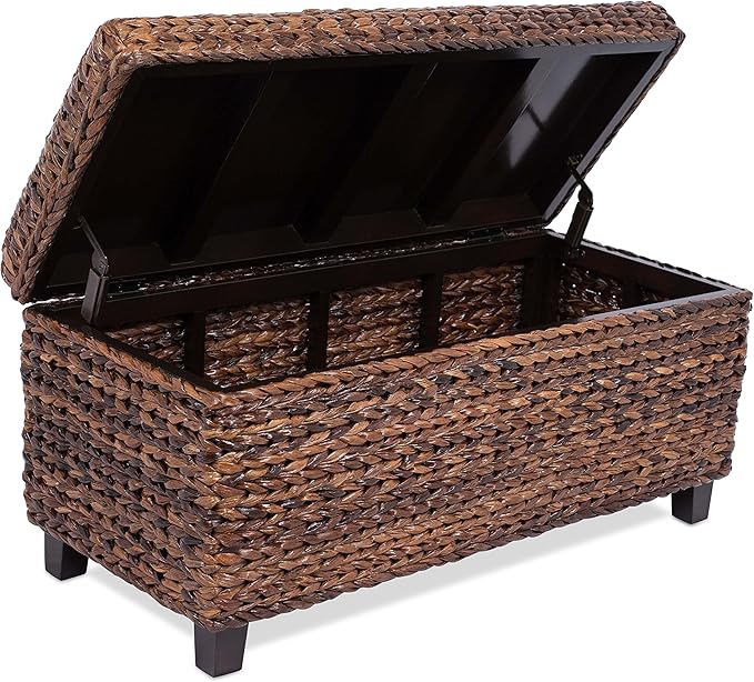 BIRDROCK HOME Abaca Storage Bench – Hand-Woven Wicker Entryway Bench w/Lift-Top Hidden Storage, Solid Wood Frame - 36.25” x 16” x 18”
