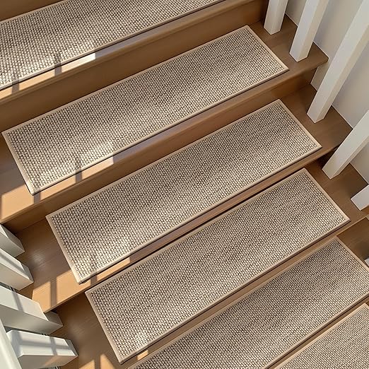 Deerly Linen Stair Treads Non Slip 4pcs Absorbent Stair Runner for Wooden Steps Peel and Stick Stairs Carpet Treads Indoor Staircase Covers Mat with Self-Adhesive Backing for Pets Kids 8"X30" Beige