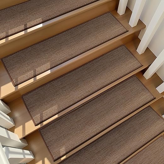 Deerly Carpet Stairs Runner Non Slip 7pcs Breathable Linen Stair Runner for Wooden Steps Peel and Stick Stairs Treads Indoor Absorbent Staircase Covers Mat with Self-Adhesive Backing 8"X30" Brown