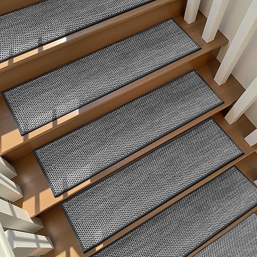 Deerly Linen Stair Treads Non Slip 10pcs Comfortable Stair Runner for Wooden Steps Peel and Stick Stairs Carpet Treads Indoor Staircase Covers Mat with Self-Adhesive Backing 8"X30" Black White