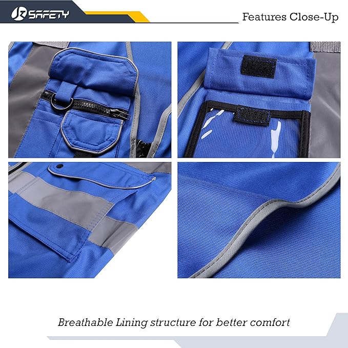 JKSafety 9 Pockets High Visibility Zipper Front Safety Vest With Reflective Strips Meets ANSI/ISEA Standard (150Blue-3XL)