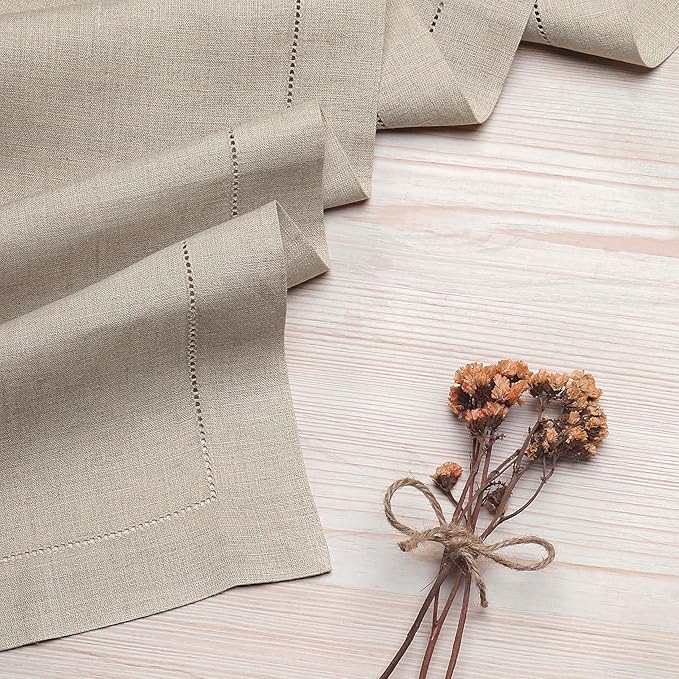 D'Moksha Homes Linen Natural Table Runner 108 Inches Long - 100% Pure Linen 14 x 108 Inch Table Runner for Valentines, Spring, Easter - Classic Hemstitch