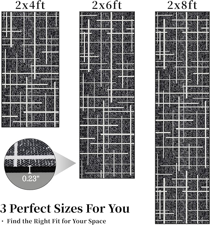 Washable Runner Rug 2x6, Modern Distressed Stripe, Kitchen Runner Rug Non Slip, Woven Thin No Shed Runners for Entryway, Kitchen, Laundry Room- Midnight Black