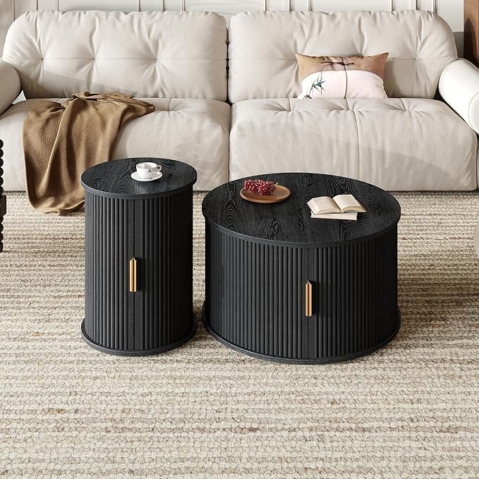 Merax Round Coffee Table Set, Mid Century Coffee Table with Sliding Tambour Door, Fluted Accent Center Table with Storage for Living Room, Office,Black