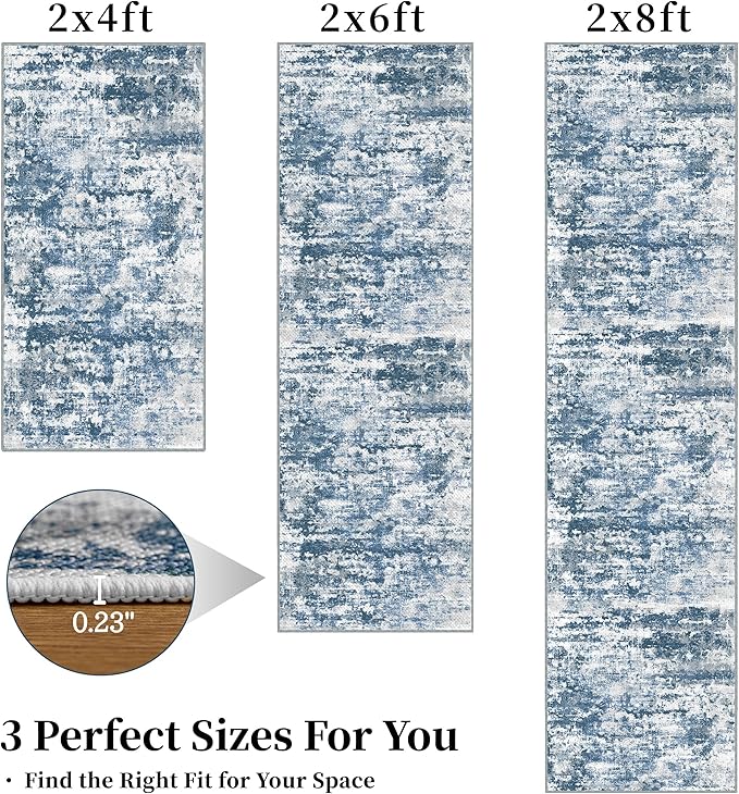 Runners for Hallways Ultra Non-Slip 2x8 Washable Kitchen Rug Abstract Tear and Stain Resistance No Pile Hand-Woven Style Lightweight Runners for Entryway, Laundry Room, Bedside, Blue