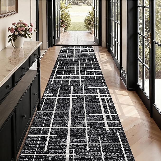 Non Slip Hallway Runner Rug 2.6x12, Modern Distressed Stripe, Washable Extra Long Rug, Woven Thin Low Pile Carpet Runners for Hallway 12ft Entryway, Kitchen, Walkway- Midnight Black