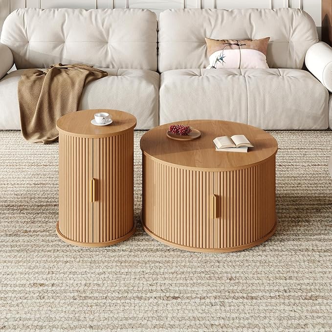 Merax Mid Century Coffee Table Set with Sliding Tambour Door, Round Coffee Table with Storage, Fluted Accent Center Tables for Living Room, Office, Small Space, Natural