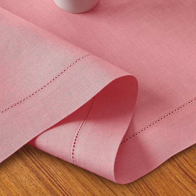 D'Moksha Homes Linen Dusty Pink Table Runner 60 Inches - Classic Hemstitch, 100% Pure Linen Coffee Table Runner 14 x 60 Inch Ideal for Dresser Tables, Valentines, Spring, Easter