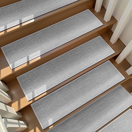 Deerly Carpet Stairs Runner Non Slip 7pcs Breathable Linen Stair Runner for Wooden Steps Peel and Stick Stairs Treads Indoor Absorbent Staircase Covers Mat with Self-Adhesive Backing 8"X30" Grey