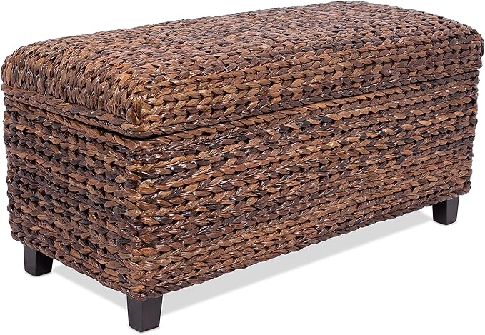BIRDROCK HOME Abaca Storage Bench – Hand-Woven Wicker Entryway Bench w/Lift-Top Hidden Storage, Solid Wood Frame - 36.25” x 16” x 18”