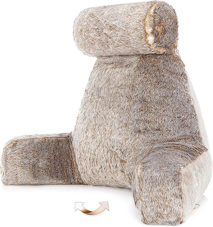 Husband Pillow XXL Ultra Rare Baby Chinchilla Backrest, Two-Tone Reversible Double Sided Fabulous Faux Fur Reading & Bed Rest Pillow with Arms & Neck Roll, Adjustable Memory Foam - Extremely Comfy
