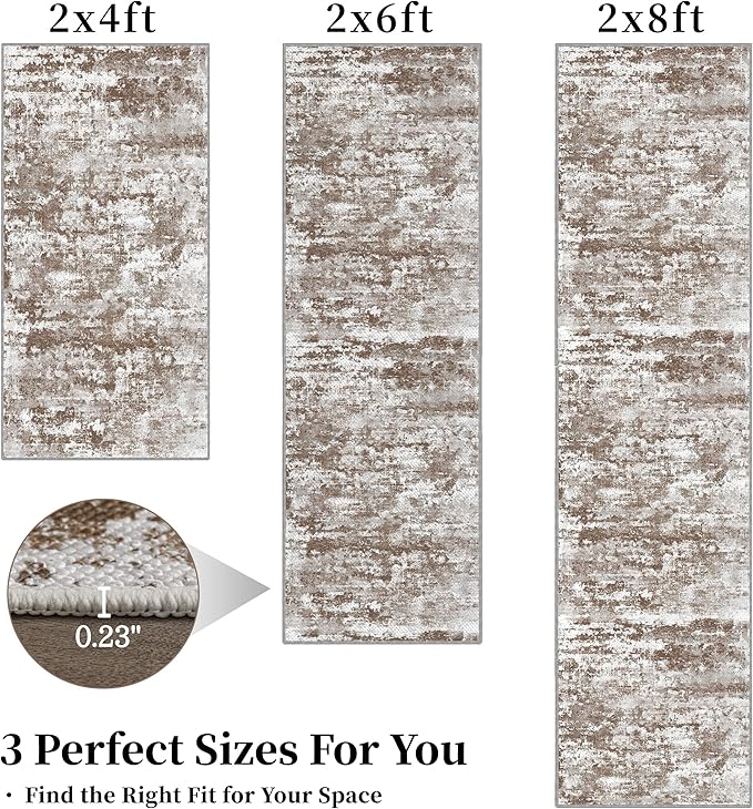 Abstract Washable Runner Rug 2x6, Brown Non-Slip Hallway Rug, Woven Non-Shedding Thin Runners for Entryway, Kitchen, Laundry Room