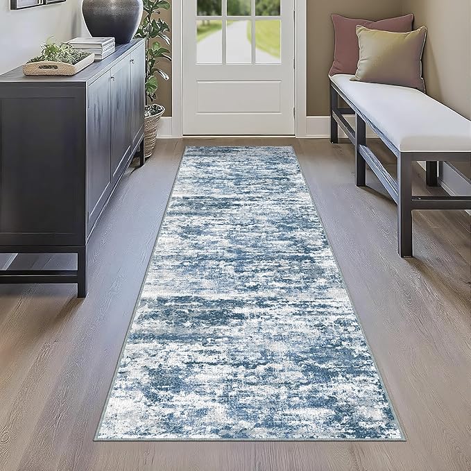 Kitchen Rugs Ultra Non-Slip 2.6x8 Washable Runner Rug Abstract Tear and Stain Resistance No Pile Lightweight Runners for Entryway, Hallway, Walkway, Bedside, Entrance, Blue